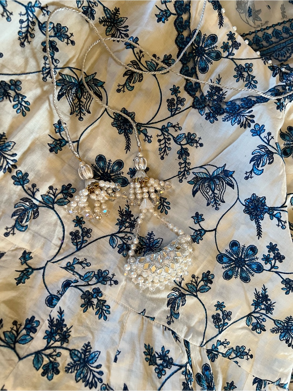 Elegant Blue & White Floral Maxi Dress with Sheer Dupatta brand Faiza saqlain - Picture 17 of 17